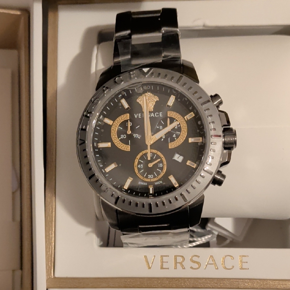 Versace Black and Gold Timepiece